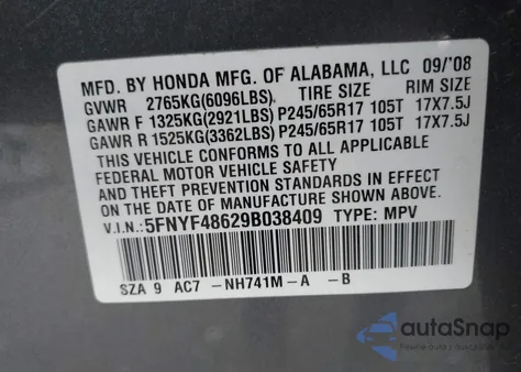 2009 Honda Pilot Ex-L z USA, uszkodzony, nr VIN 5FNYF48629B038409